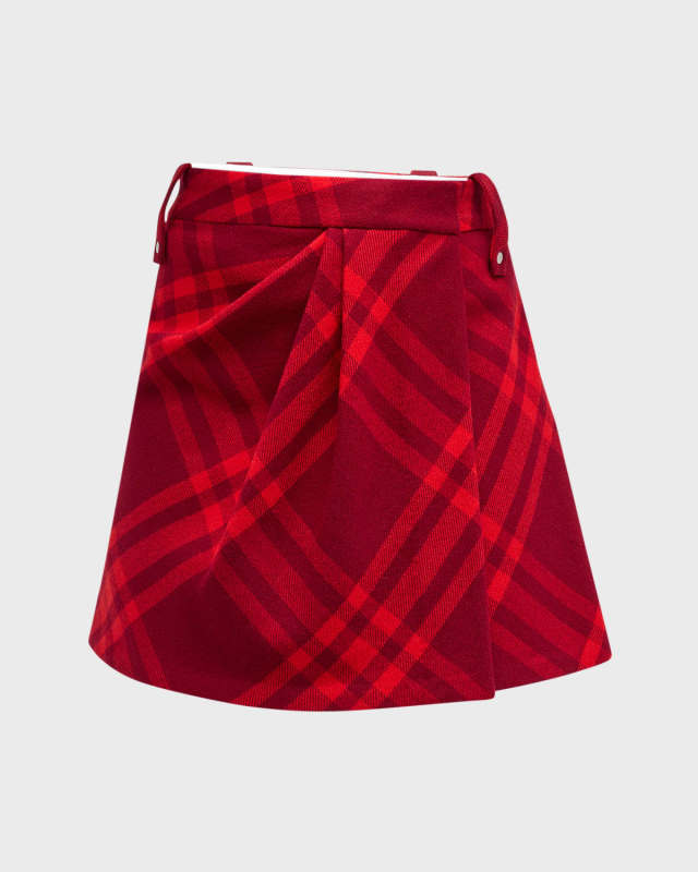Check Pleated Wool Mini Wrap Skirt